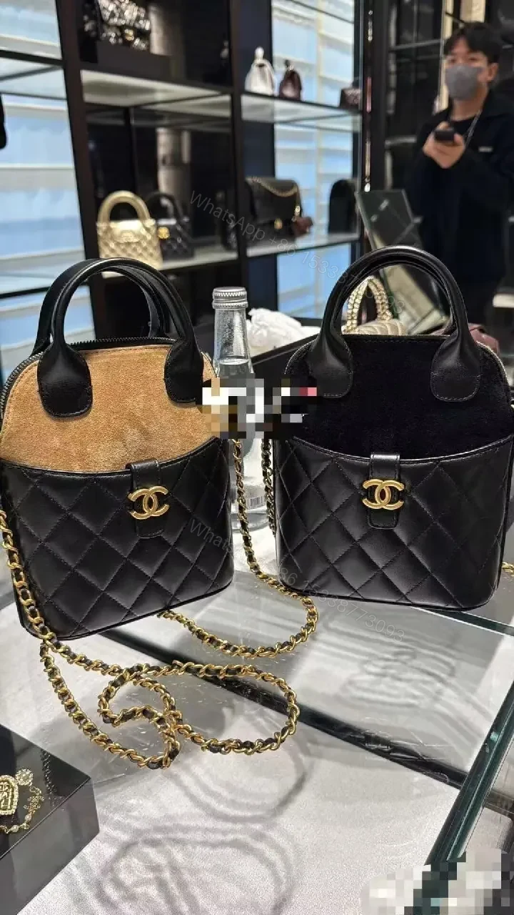 View 2 of Quilted Mini Bag with Suede Lid, Gold Hardware, Chic Street Style