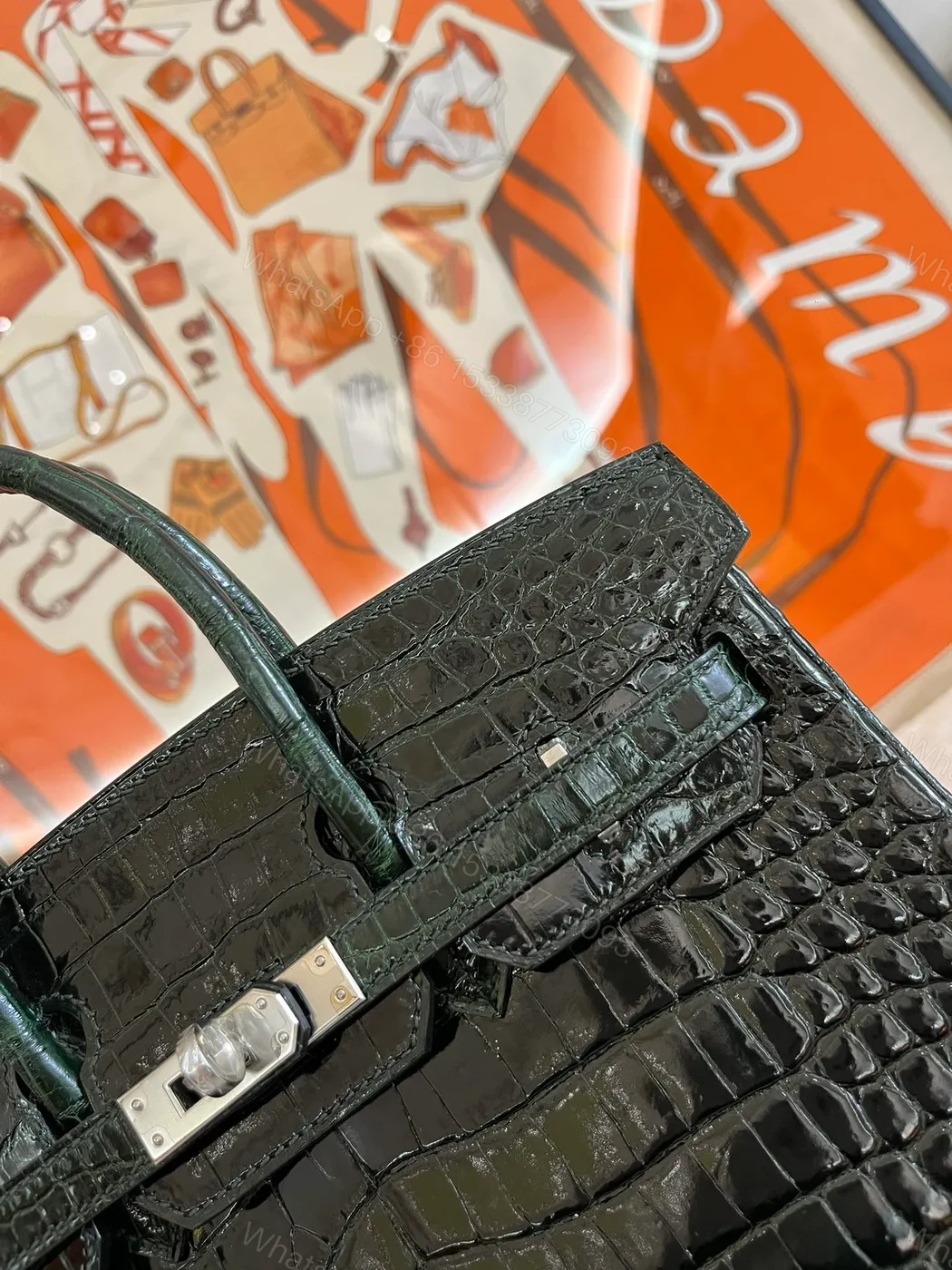 View 3 of Hermes Birkin 25cm Emerald Green Crocodile Leather Silver Hardware