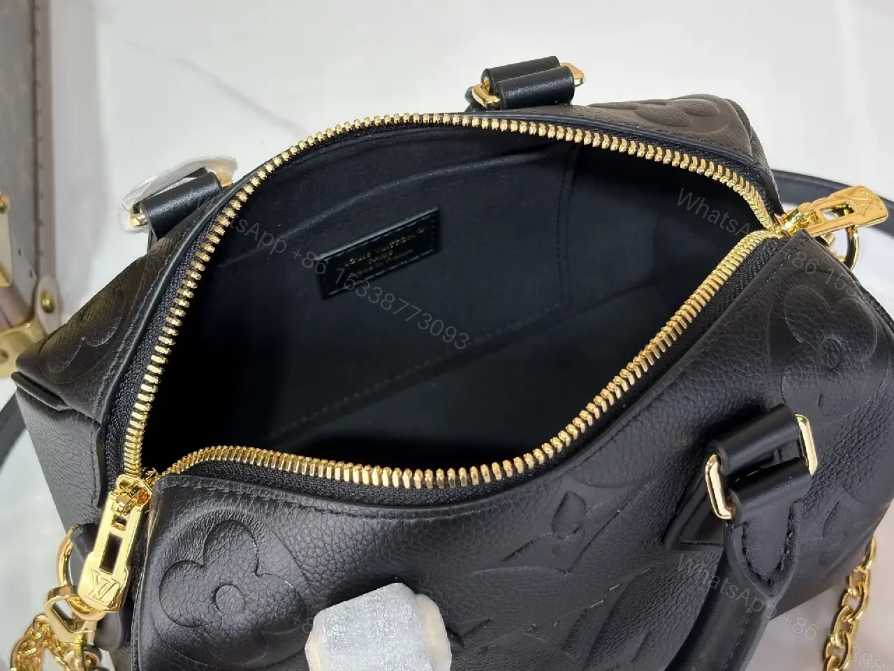 View 7 of Black Pebbled Leather Dome Handbag with Gold Details