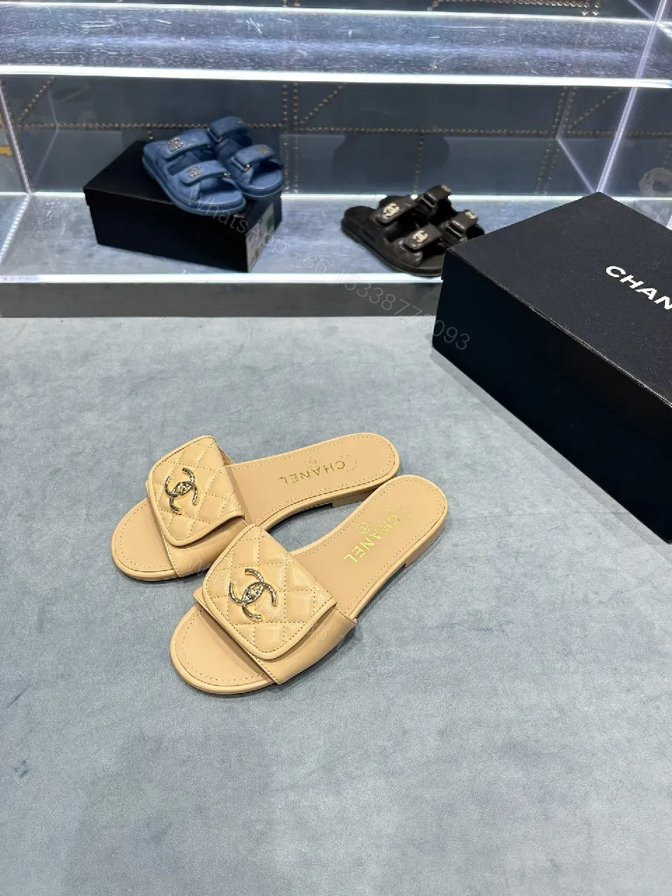 View 7 of Beige Quilted Leather Slide Sandals with Logo Detailing