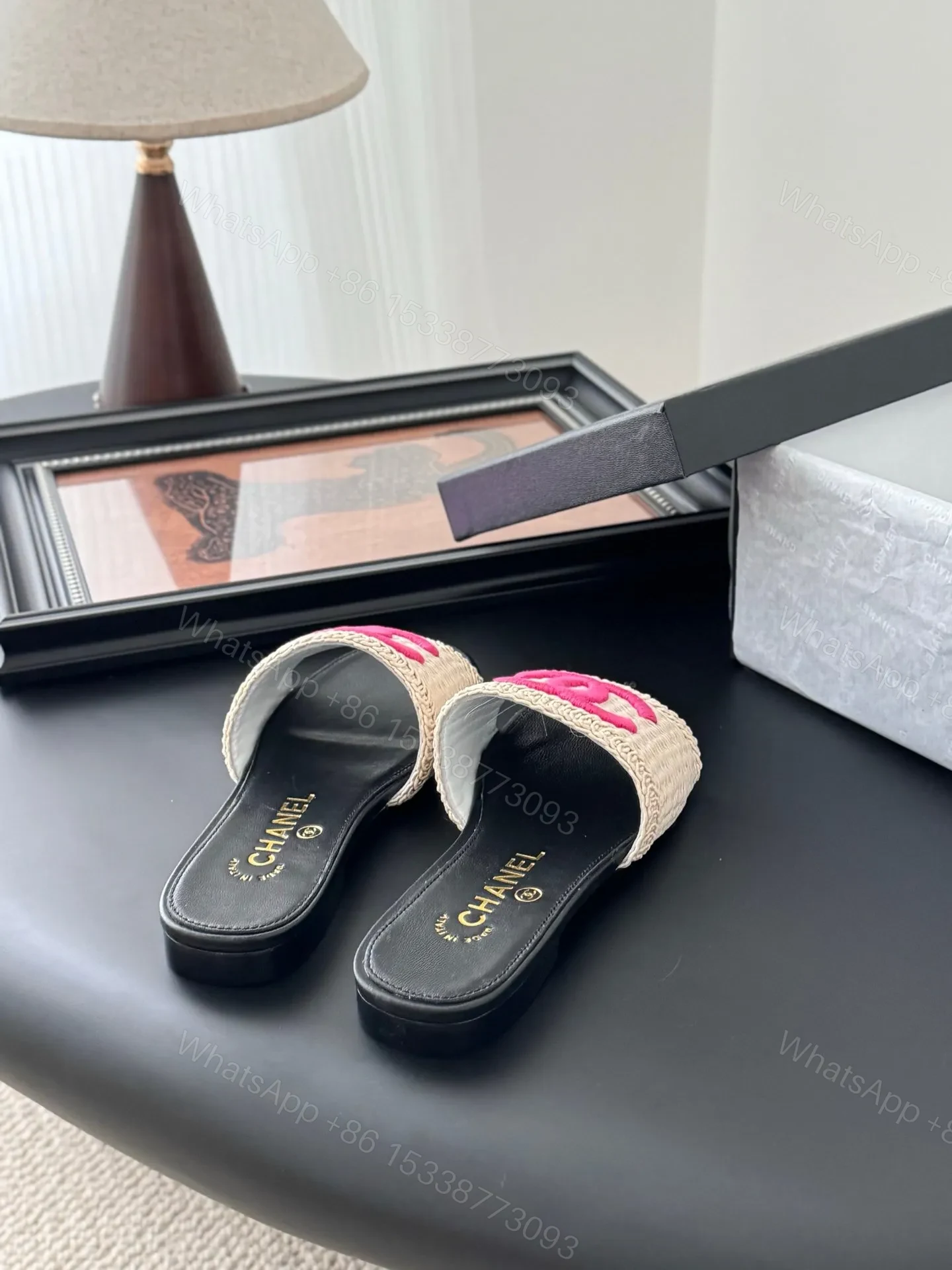 View 2 of Chanel Women Black Leather And Beige Fabric Slides