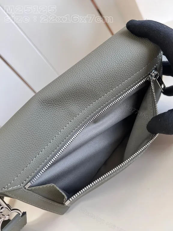 View 5 of Compact Luxe Crossbody with LV Monogram, Gray, Pebbled Leather, Everyday Style