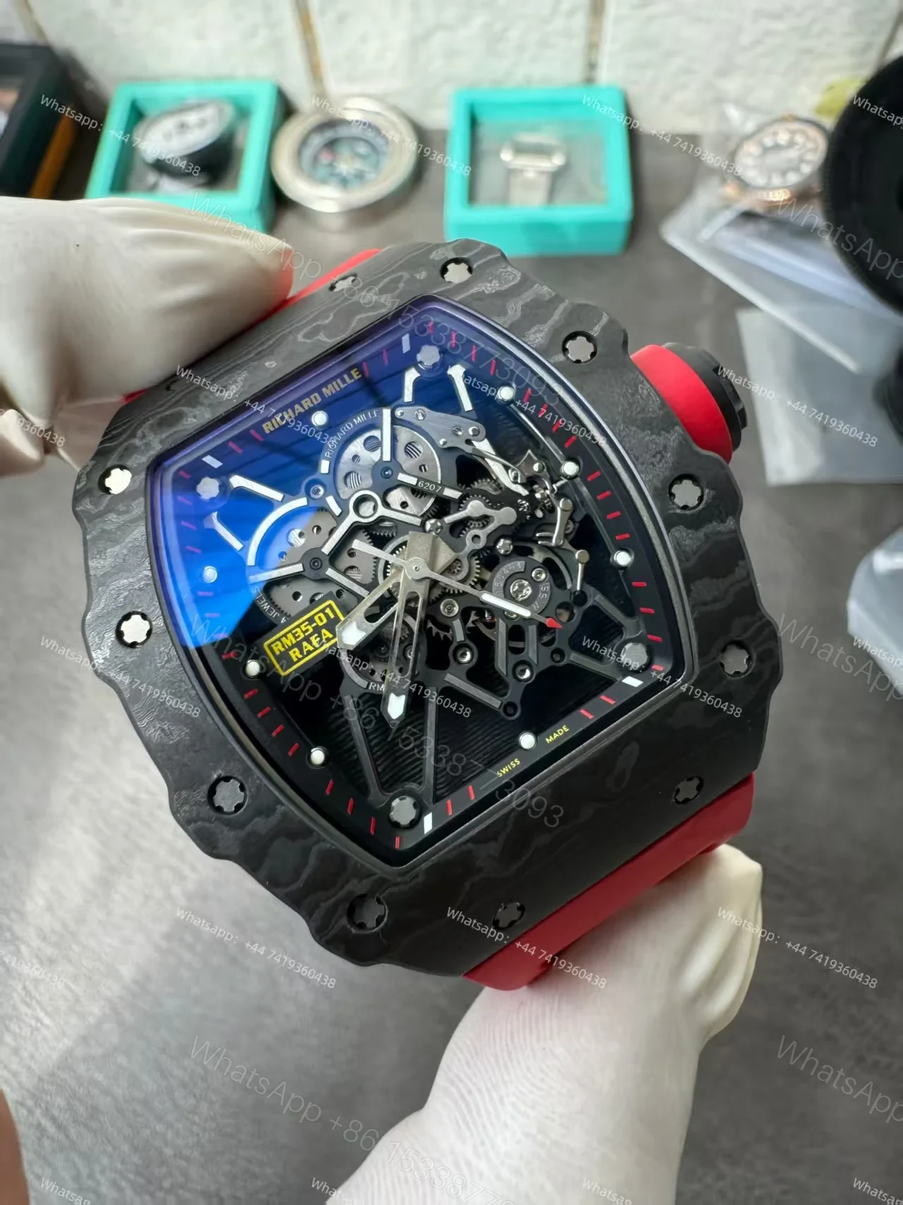 View 11 of Super Clone Richard Mille RM 35-01 Carbon TPT Skeleton Red Rubber Strap 1:1 Replica Watch