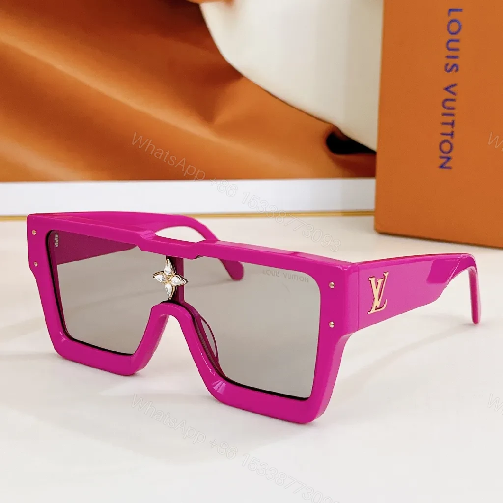 Vivid Fuchsia Sunglasses: Oversized Shield, Gold LV Accents — view 1