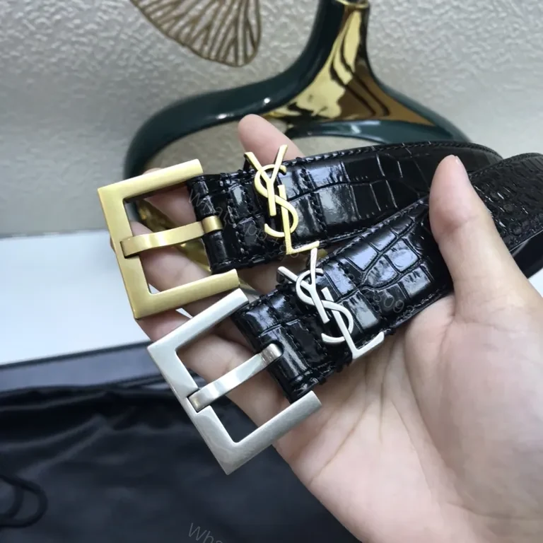 View 4 of Chic Crocodile-Textured Belt with YSL Buckle - Luxury Leather Belt