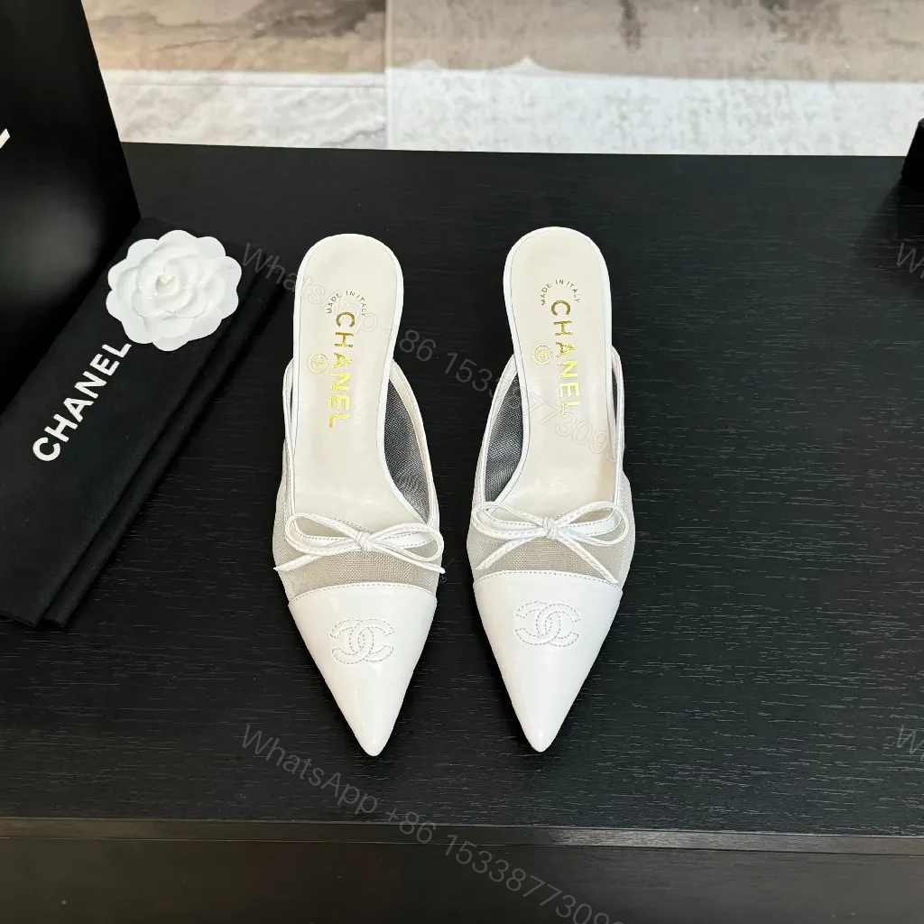 View 3 of White Leather Slingback Heels with Satin Mesh Inset, Pointed Toe, Kitten Heel