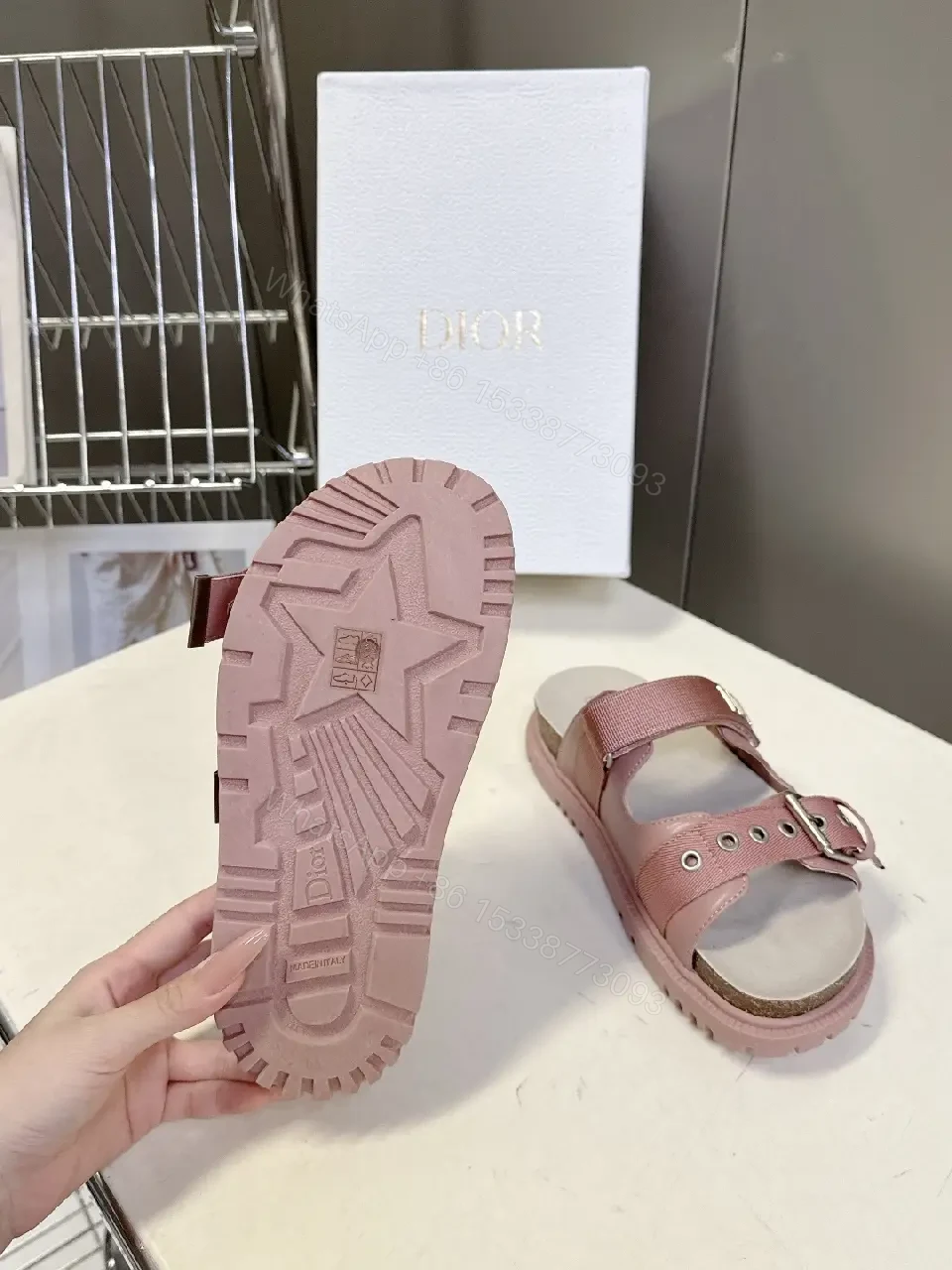 View 4 of Pink Leather Slingback Sandals with Buckle – Dior Style Sandals