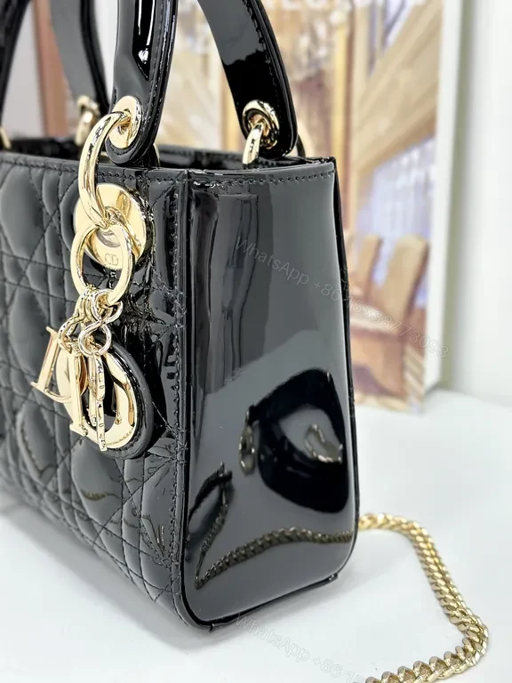 View 7 of Small-Handled Black Patent Bag: Chain Detail & Charms Brand-To-Go