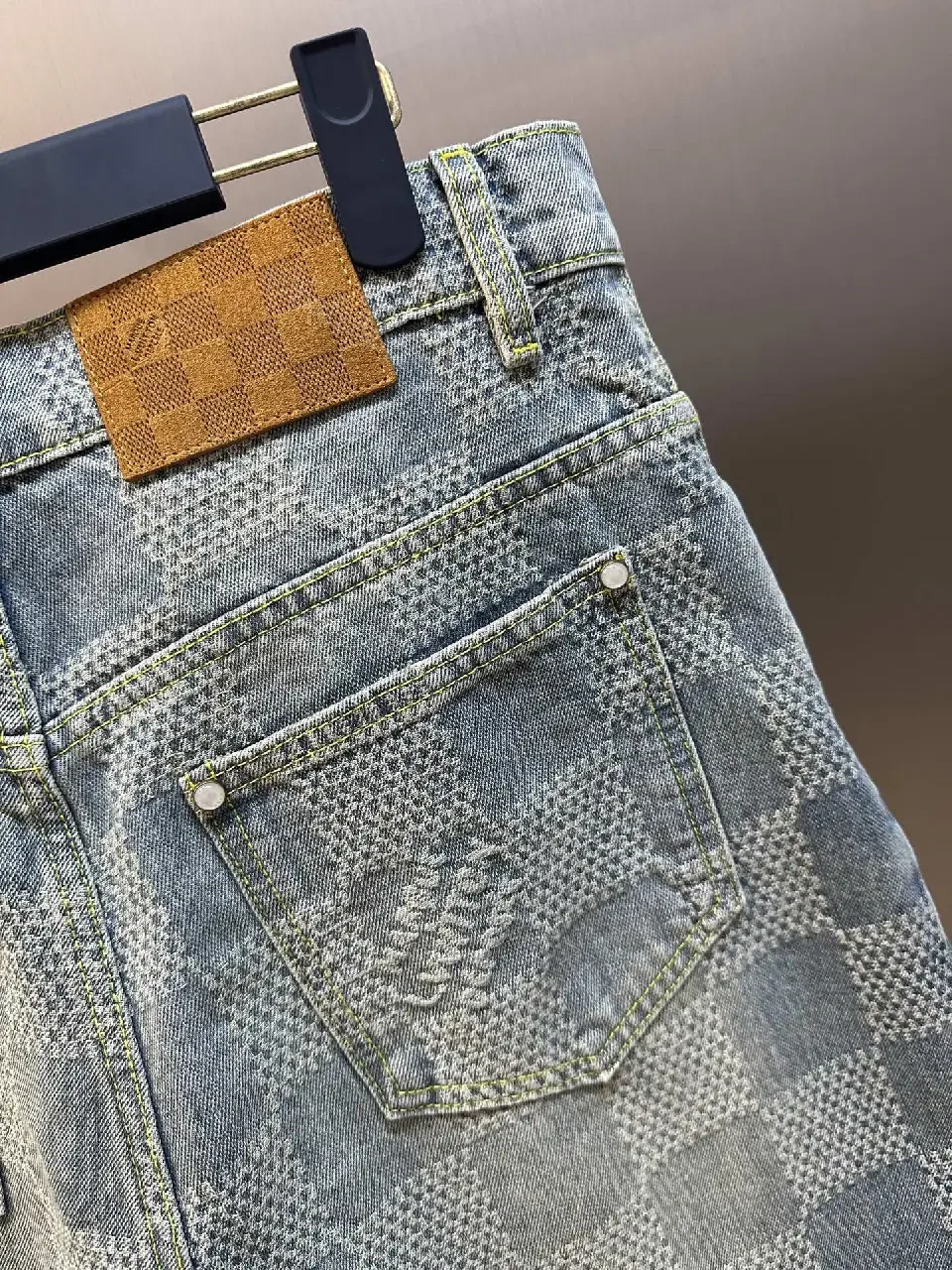 View 7 of Gray Denim Checkerboard Shorts Tailored Slim Style Louis Vuitton Tag