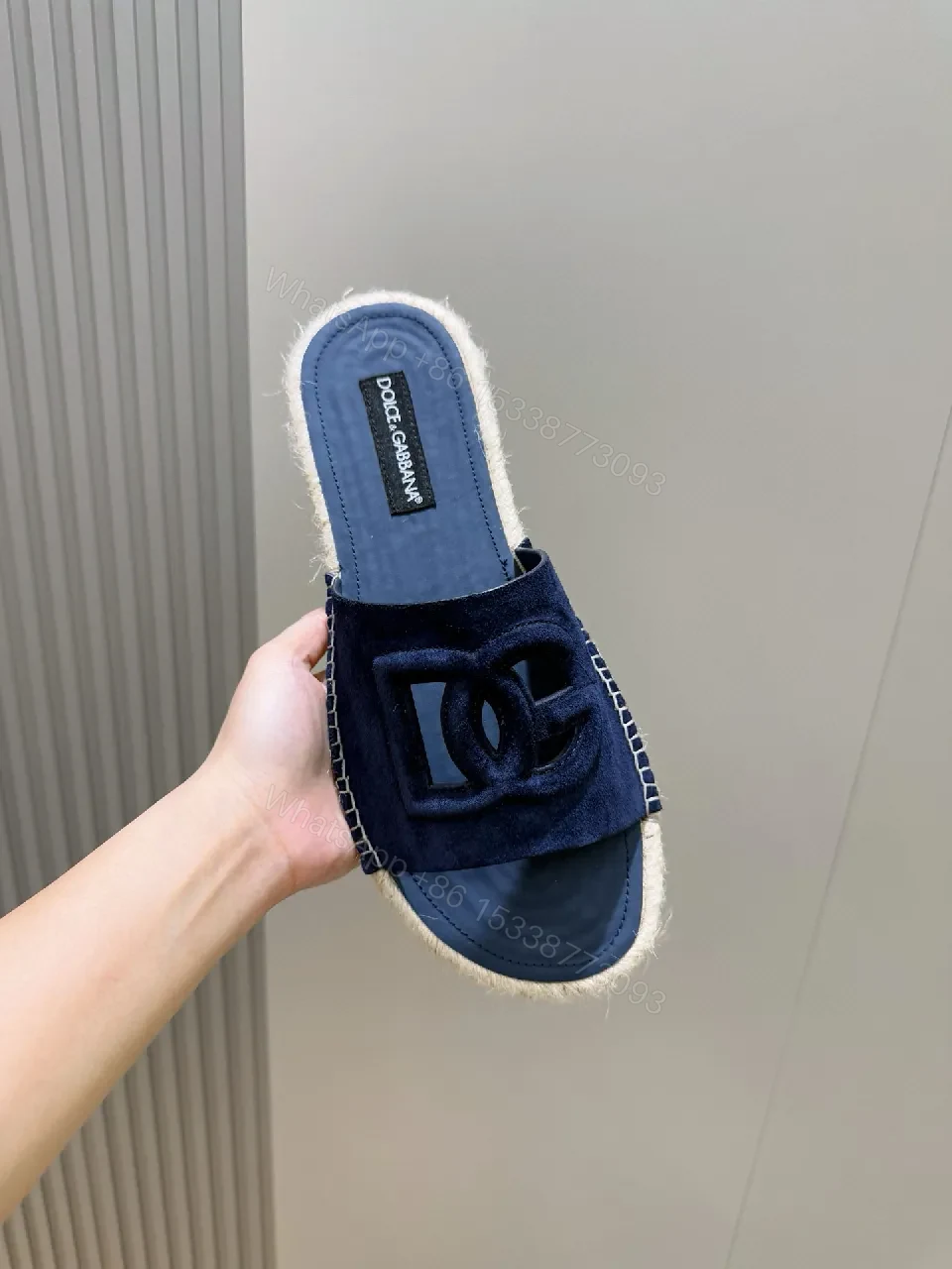 View 6 of Navy Suede Espadrille Sandals - Luxe Couture Motif Slip-On