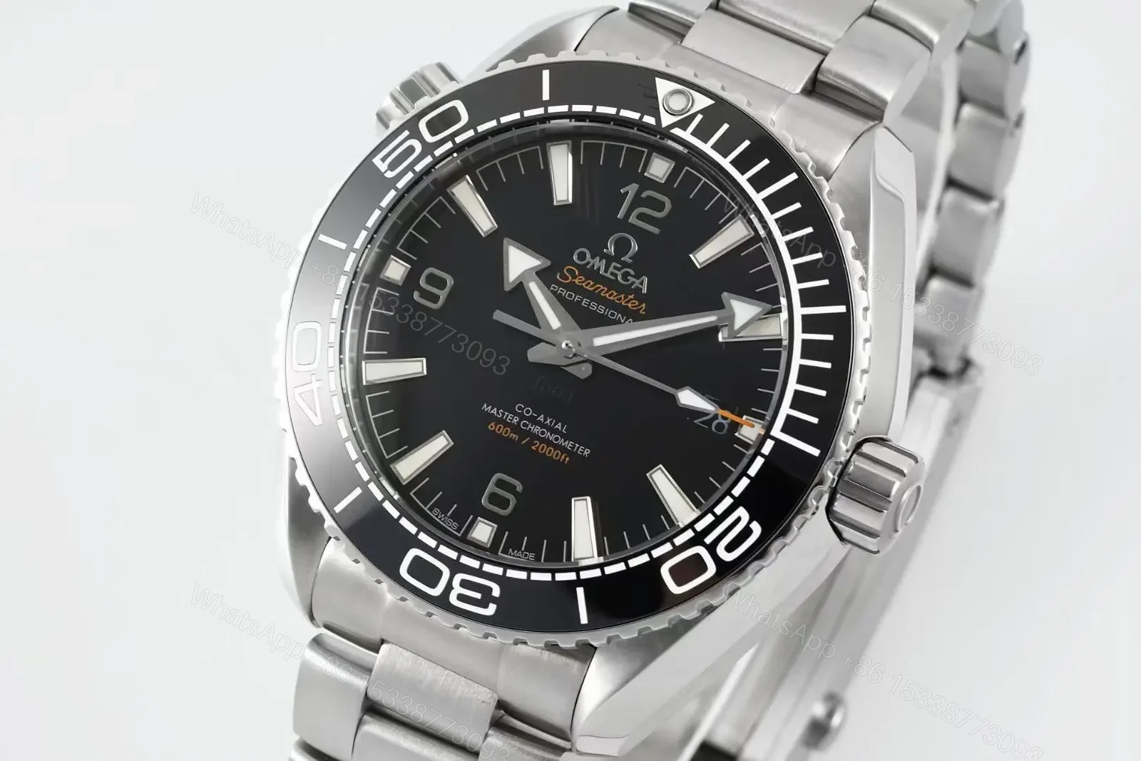 View 3 of Omega Seamaster Planet Ocean 600m Diver Watch Black Dial Stainless Steel Bracelet Quarter Orange Bezel
