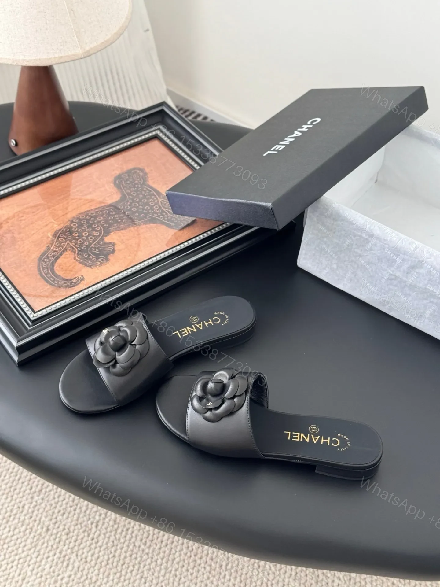 View 2 of Chanel Women Black Leather Flower Detail Slides