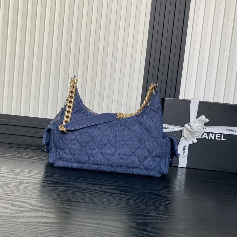 View 8 of Chic Denim Quilted Satchel with Gold Chain Strap