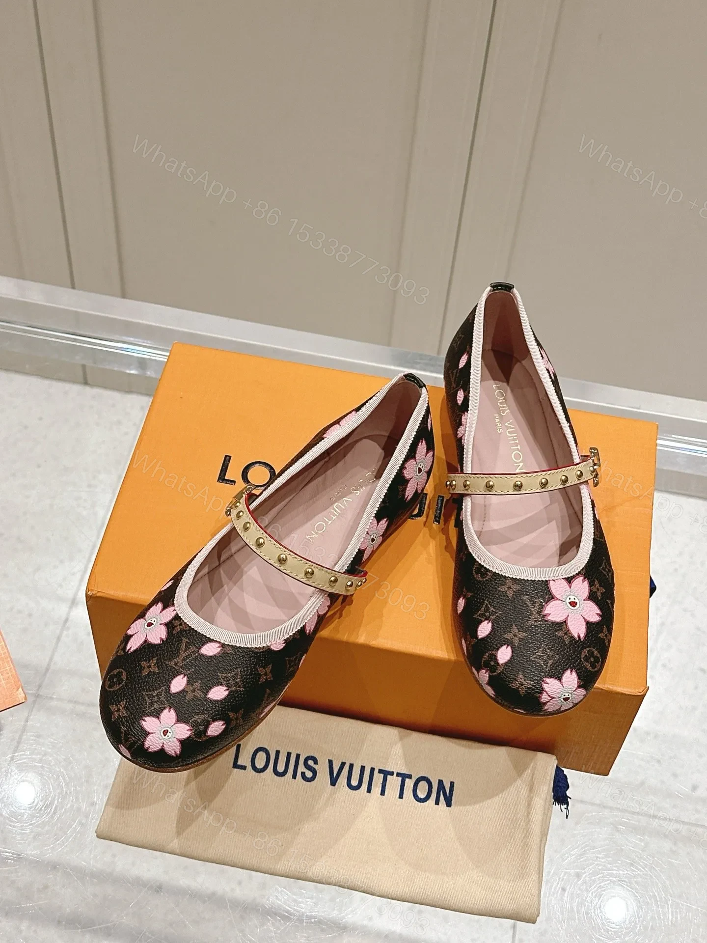 View 5 of LV Women Brown Canvas Pink Floral Patterned Flats