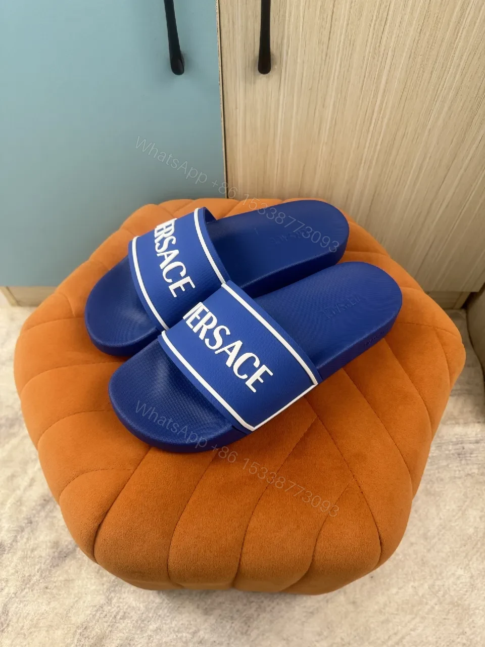 Bold Blue Logo Slides: Lux, Cushioned, Quick-Dry Slip-On — view 1