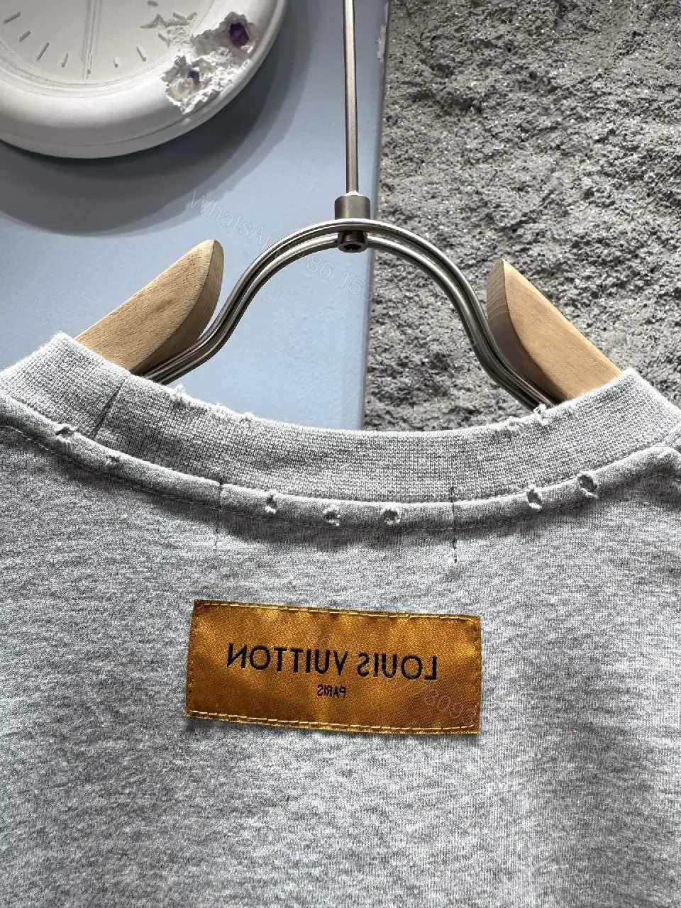 View 5 of Grey Cotton Tee with Subtle LV Embroidery, Relaxed Crewneck, Mid-Weight Comfort