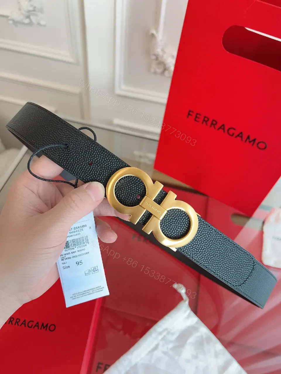 View 3 of Statement Leather Belt with Gold Buckle - Classic Black Leather Belt
