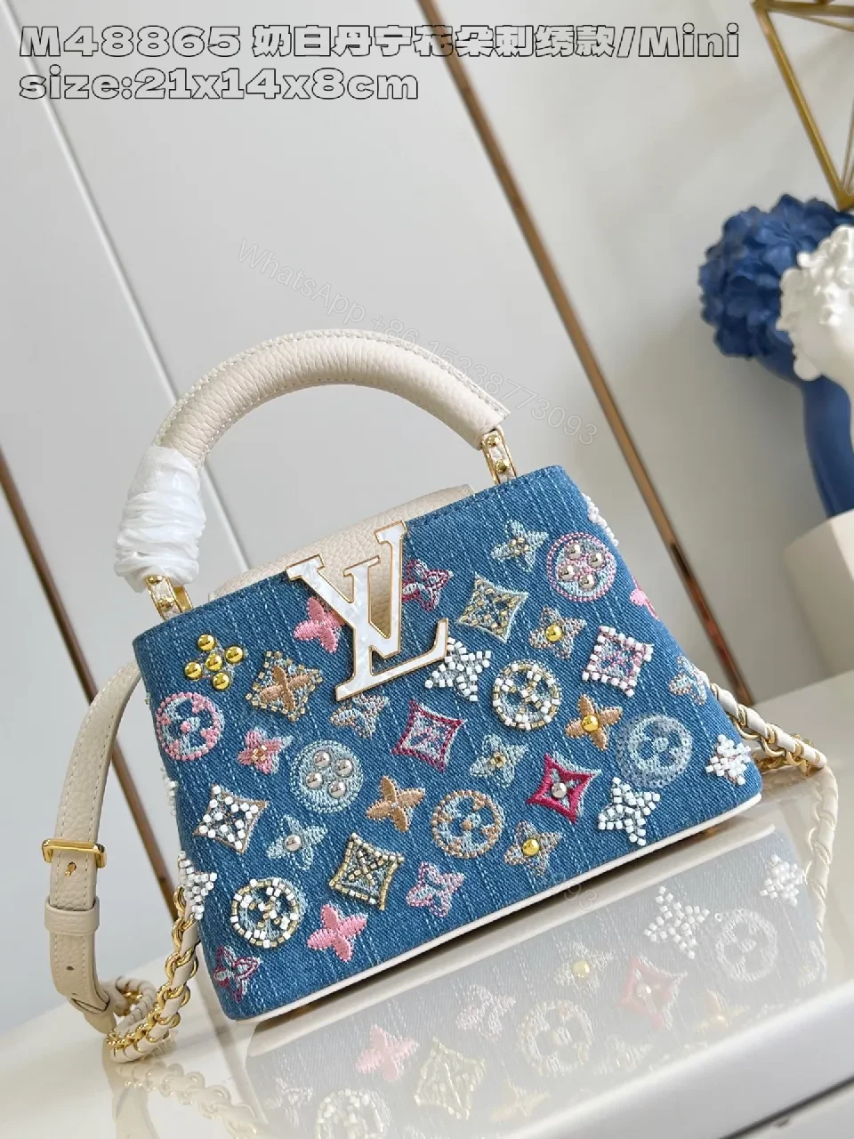Denim Embellished Mini Handbag with Signature Motif — view 1