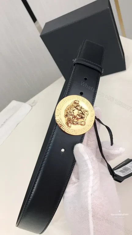 View 3 of Bold Black Leather Belt with Gold Medusa Buckle - Versace-Inspired Luxury