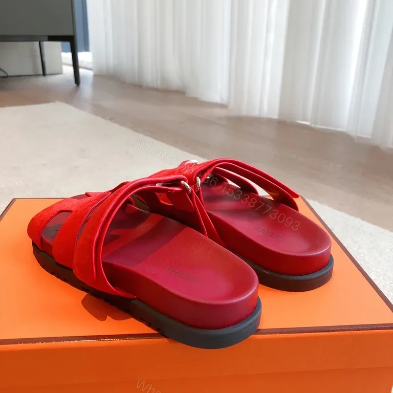 View 2 of Bold Red Suede Sandals â€“ Luxe Comfort, Dual-Stripe Style