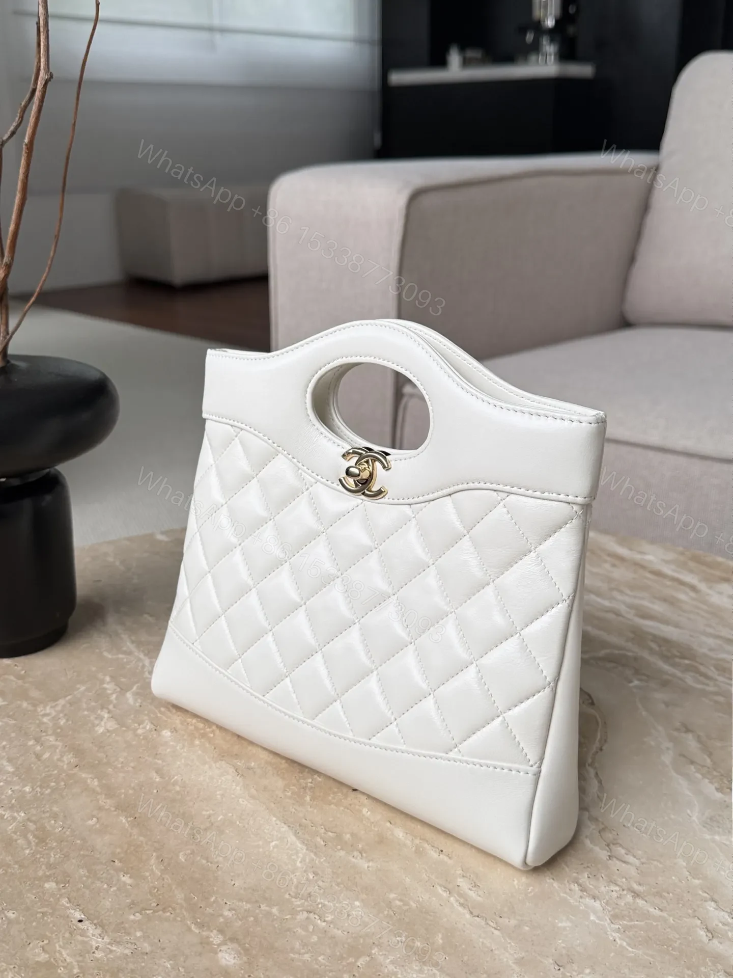 View 3 of Chanel Quilted Lambskin Shopping Bag In white
