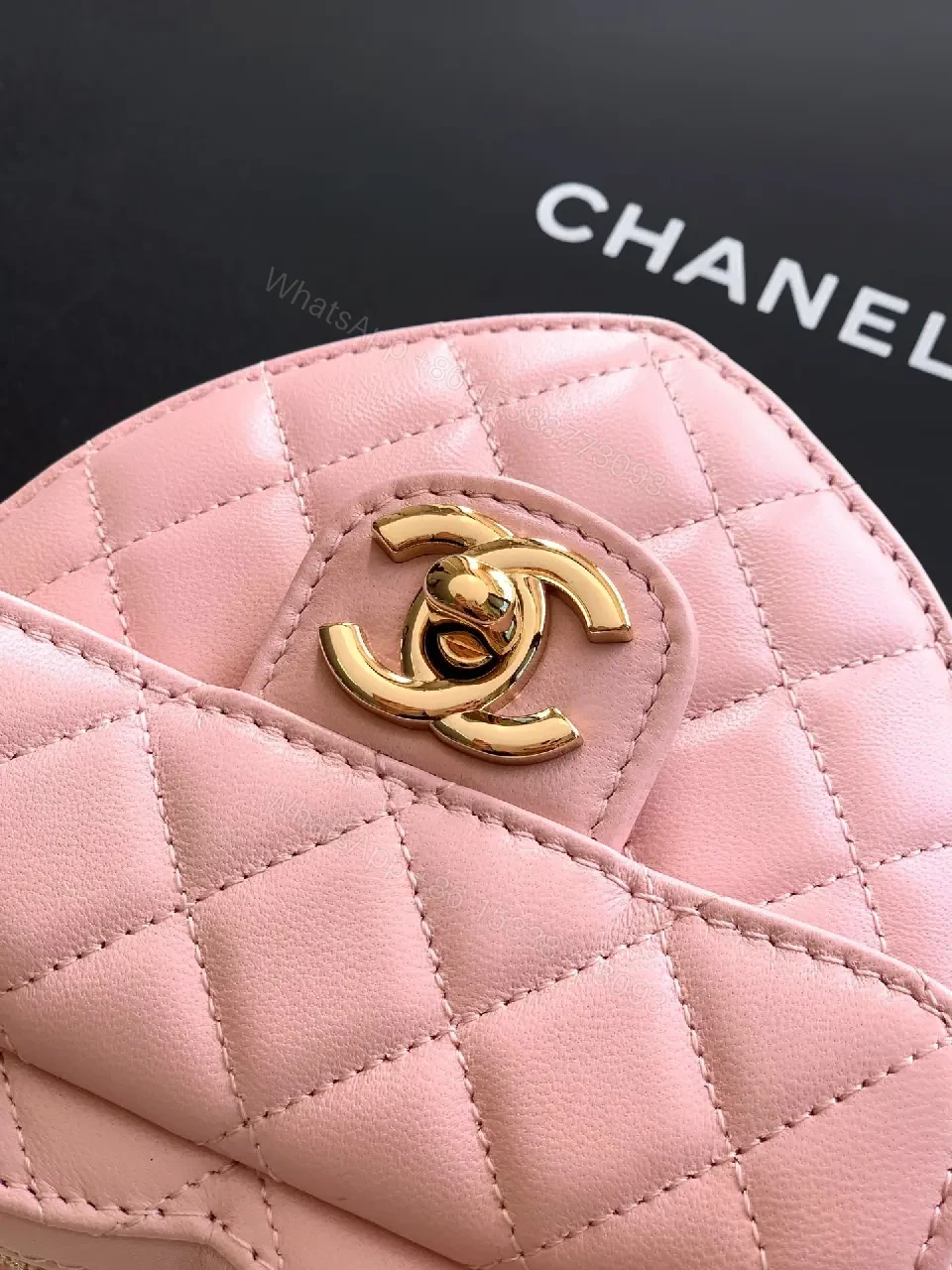 View 7 of Soft Pink Quilted Heart Mini Bag with Gold Logo Bag