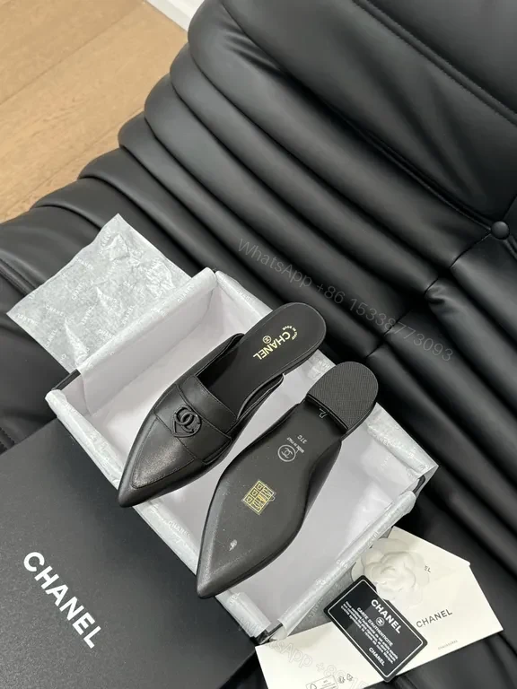 View 7 of Chic Black Leather Mules with CC Detail - Luxury Comfort