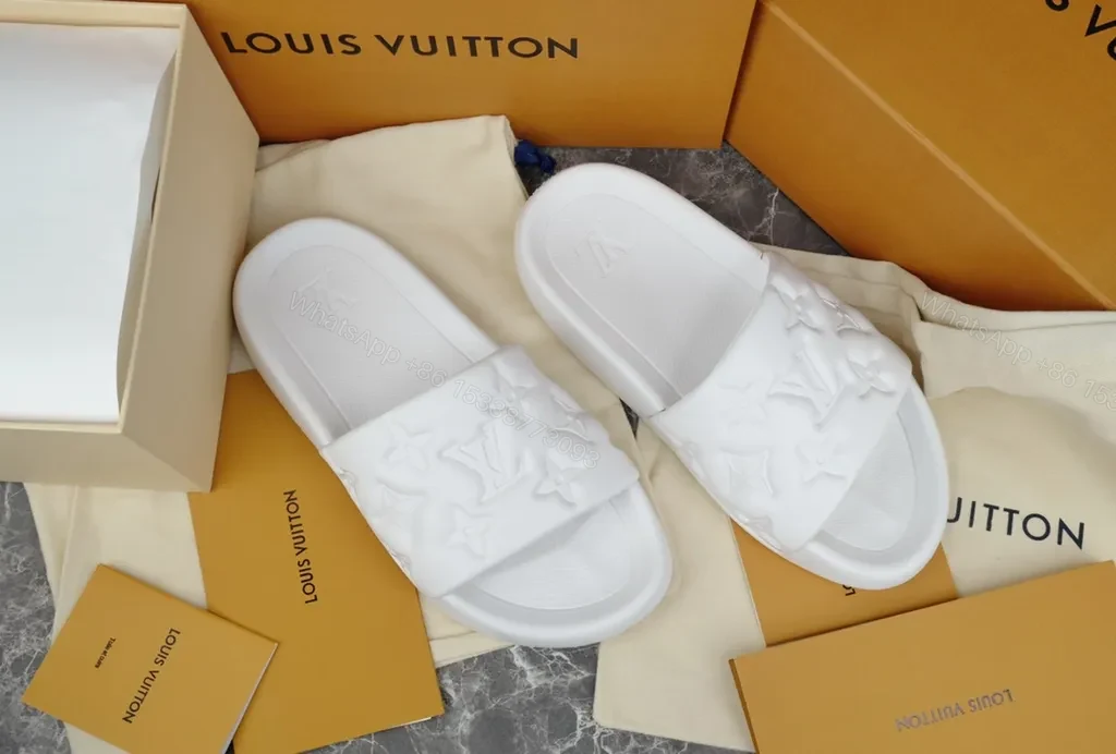 Minimalist White Slides with LV Embellishment â€“ Luxe Comfort Slide — view 1