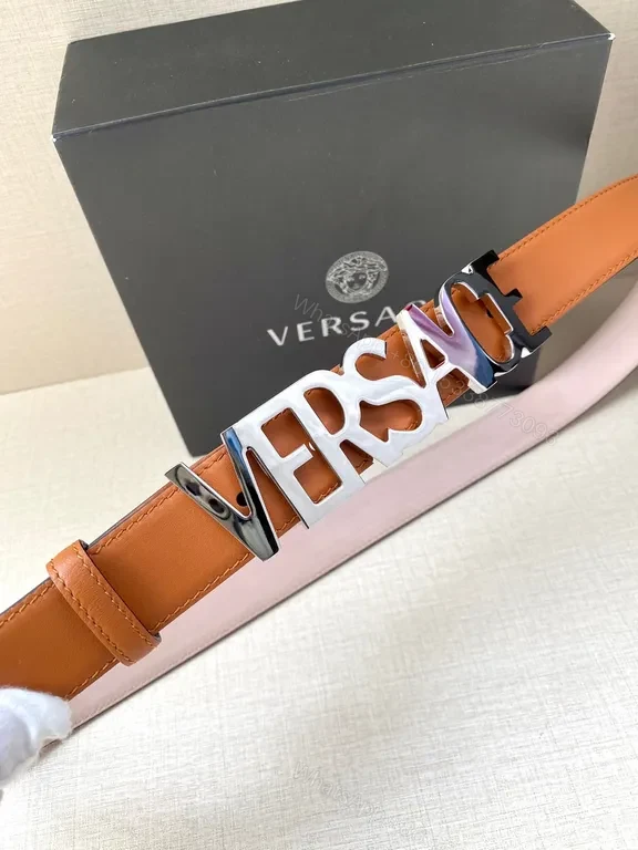 View 3 of Versace Leather Belt with Logo Buckle - Subtle Luxury, Bold Identity