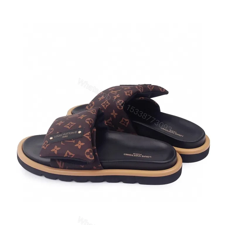 View 2 of Brown Monogram Slides - Luxe Comfort, Elevated Texture