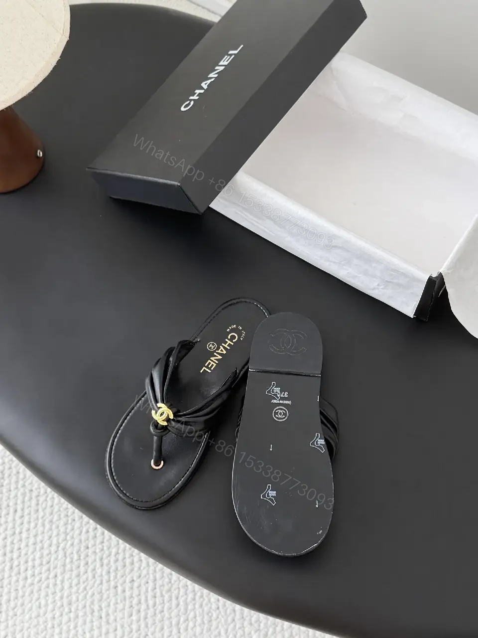 View 2 of Black Leather Sandals Satin Classic Gold Logo Slippers