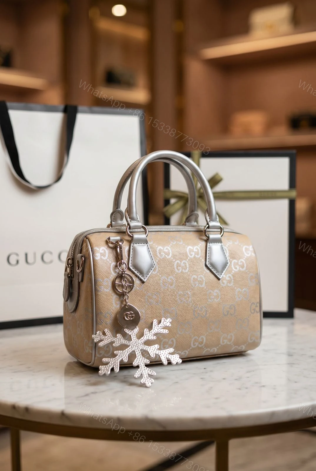 View 2 of Gucci GG Emblem Top Handle Bag Metallic Silver Leather First Copy | 12@ AAA+ Replica