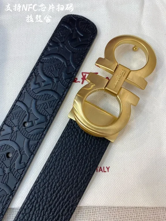 View 3 of Gancini Gold Buckle Belt â€“ Black Calfskin, 3cm, Ferragamo