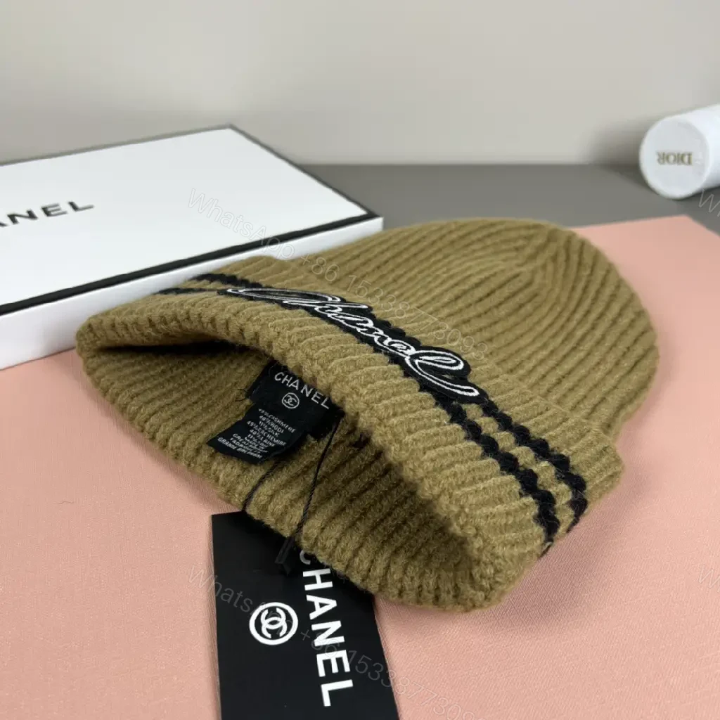 View 3 of Tan Knit Beanie Ribbed Knit Folded Cuff CHANEL Logo Embroidery Beanie