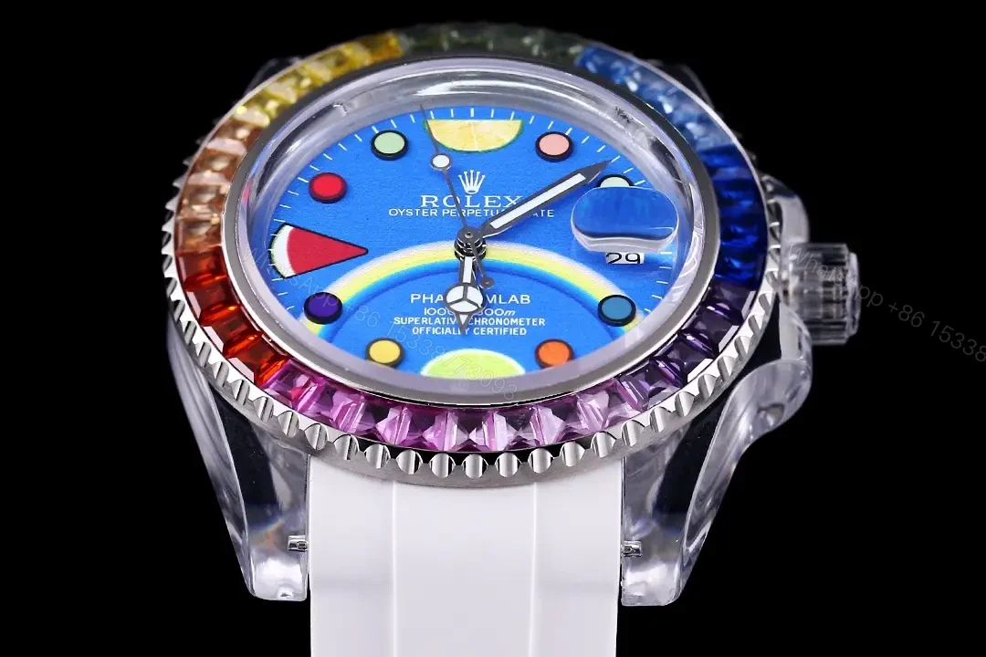 View 3 of Rolex Submariner Phantom Blue Dial Rainbow Crystal Edition White Strap 40mm RG-SUB-PHANTOM-BLUE-CARTOON