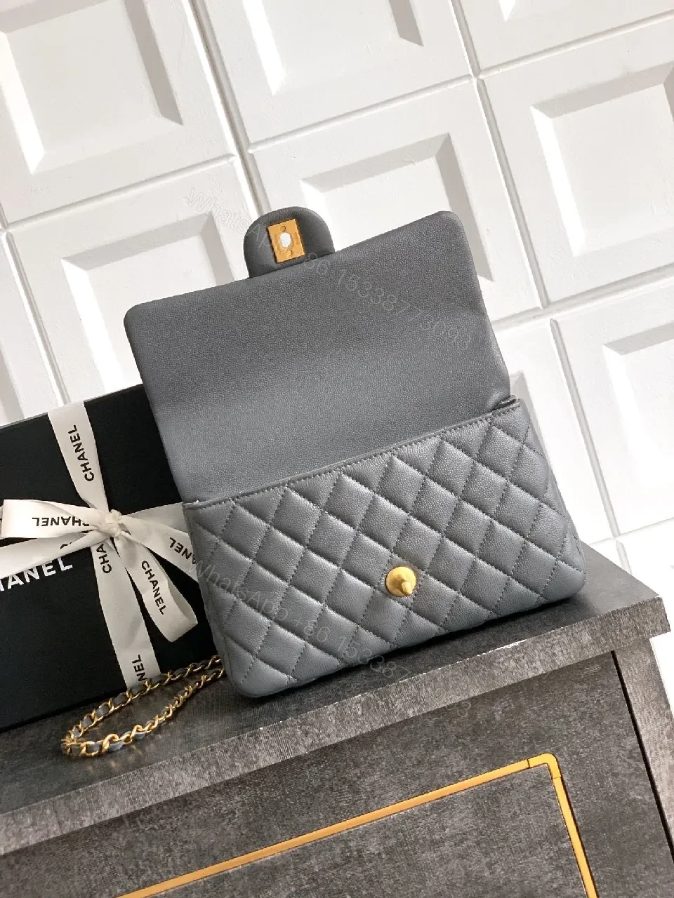 View 4 of Chic Quilted Crossbody: Grey Calfskin, Modern Luxe, Compact