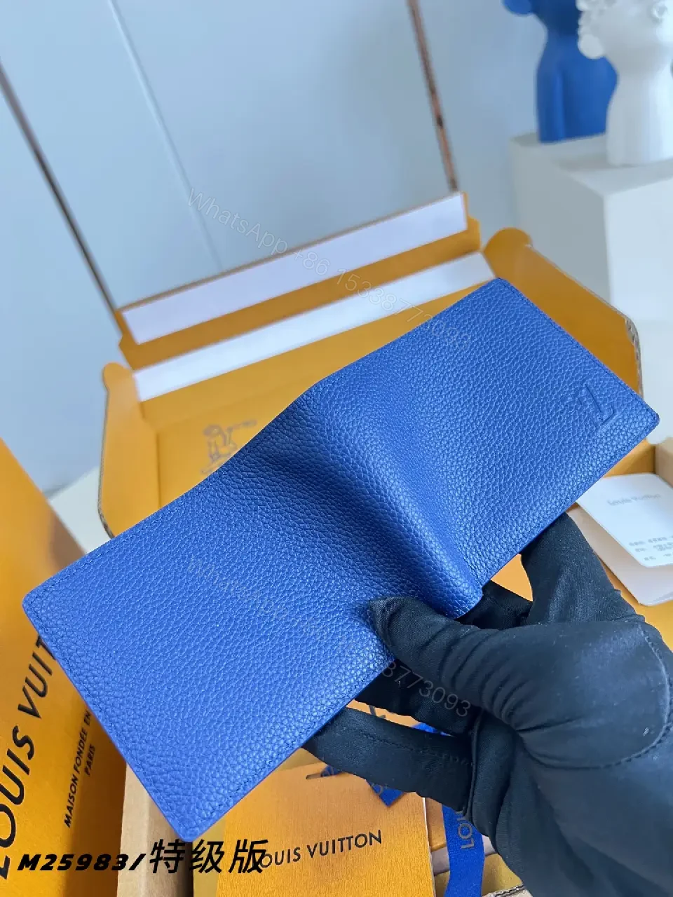 View 6 of Rich Royal Blue Leather Wallet Bi-fold with Orange LV Gift Box