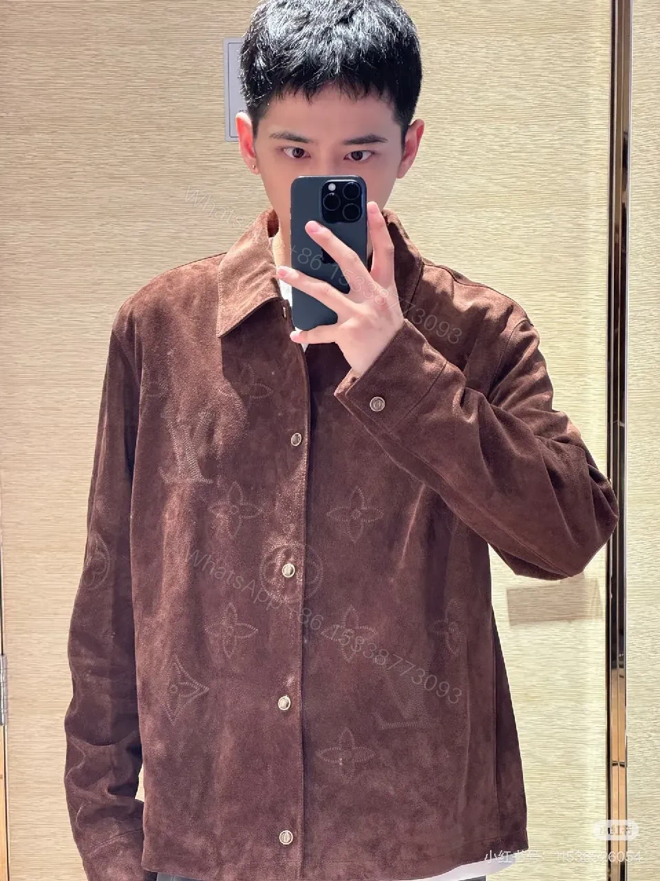 View 8 of Brown Monogram-Texture Canvas Jacket with Embossed Pattern