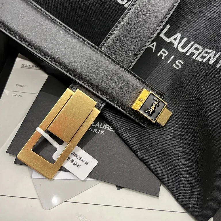 View 6 of Chic Black Leather Belt with Gold YSL-Inspired Clasp