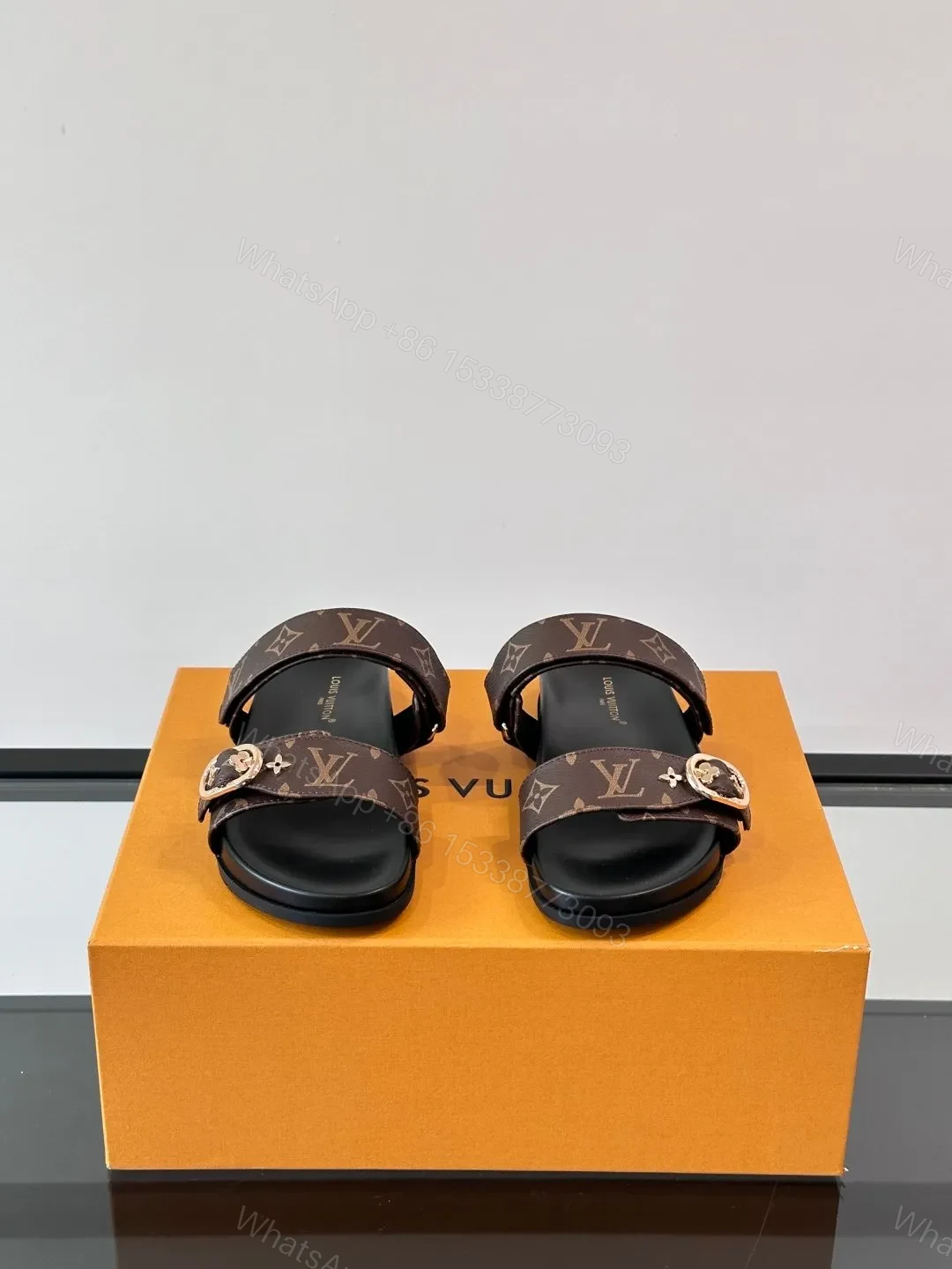 View 2 of LV Men Brown Leather Logo Print Sandals