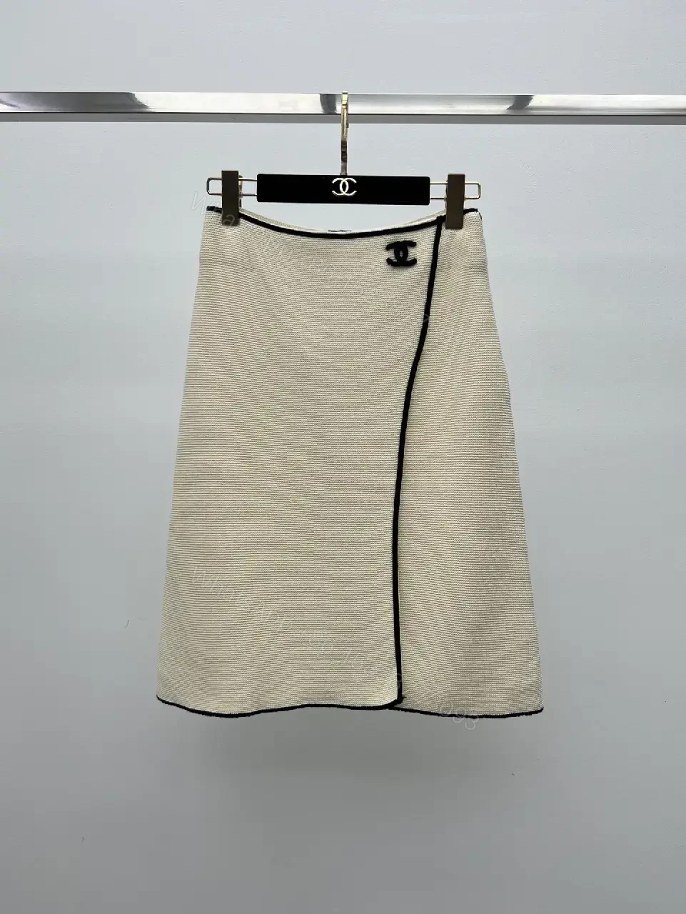 View 6 of Beige Tweed Skirt with Black Piping and Chanel Logo Slim A-Line Skirt