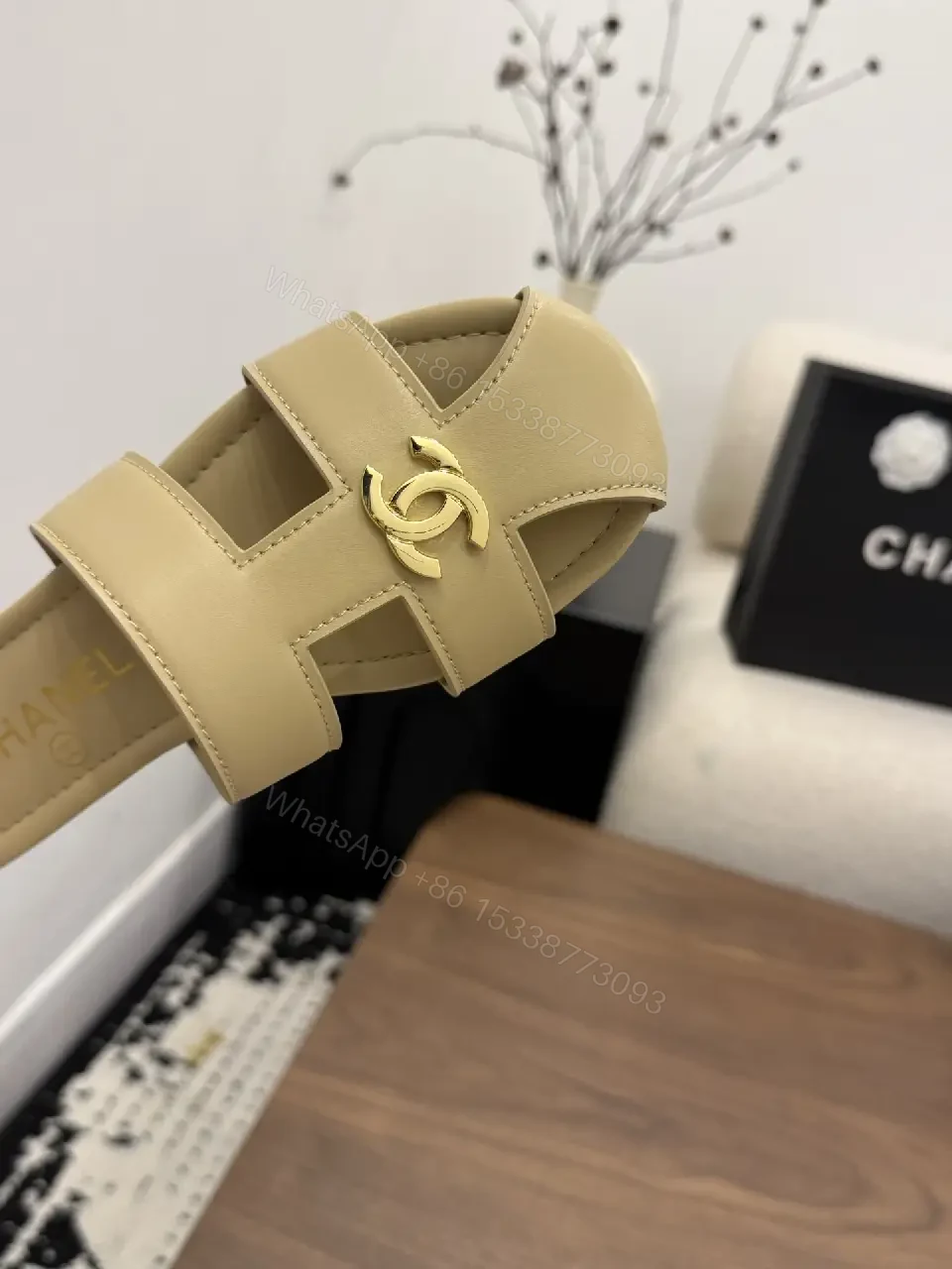 View 8 of Beige Leather Slide Sandals with Chanel Logo, Flat Heel