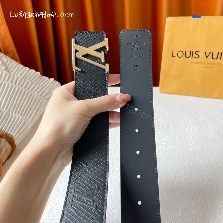 View 3 of Refined Black Textured Leather Belt with Gold LV Buckle
