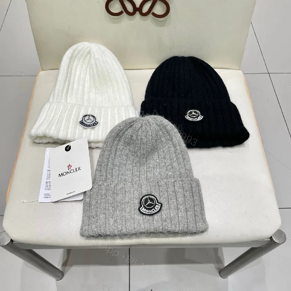 View 4 of Grey Knit Beanie - Premium Ribbed Style, Moncler Badge Feature