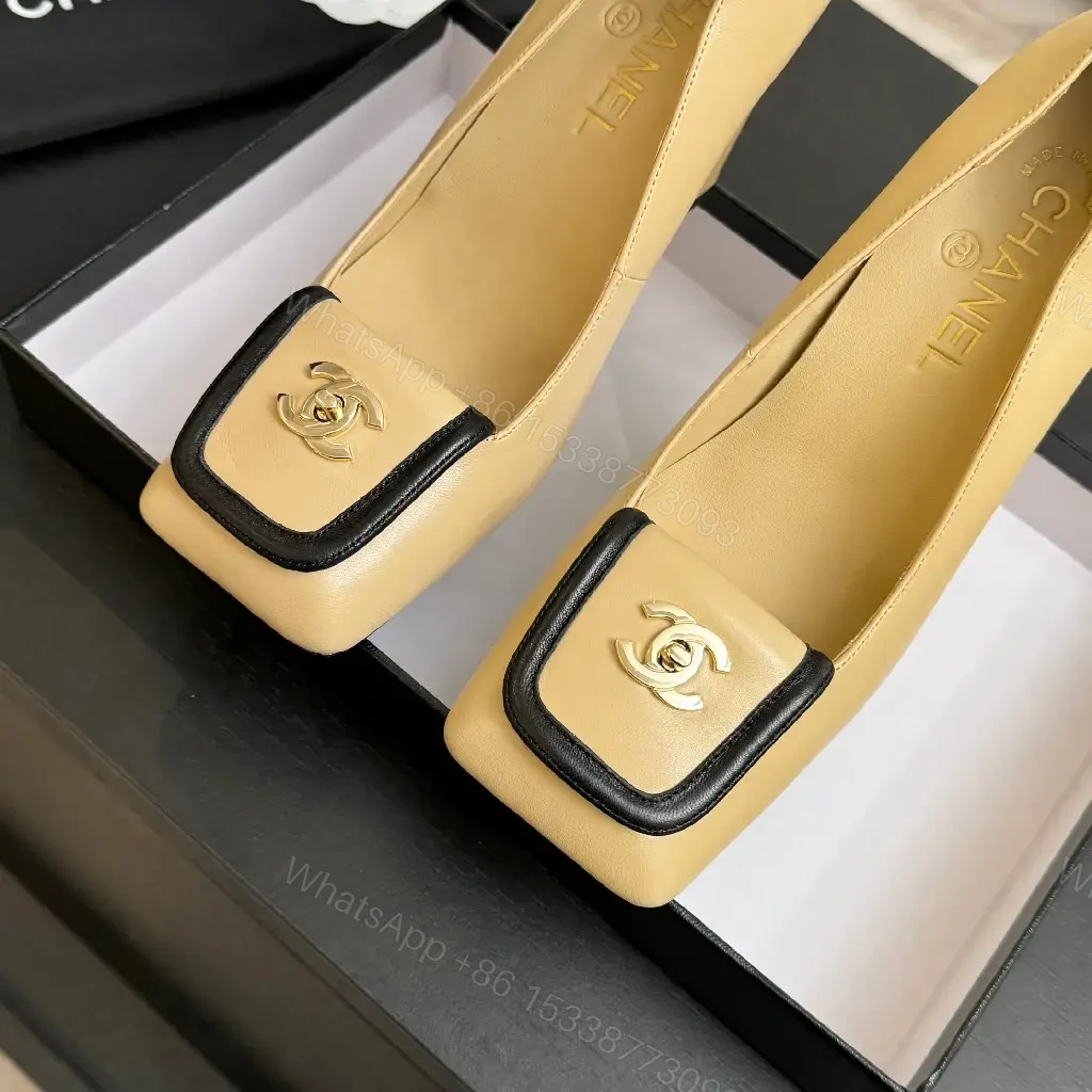 View 2 of Beige Leather Block-Heel Pumps with Hardware Details