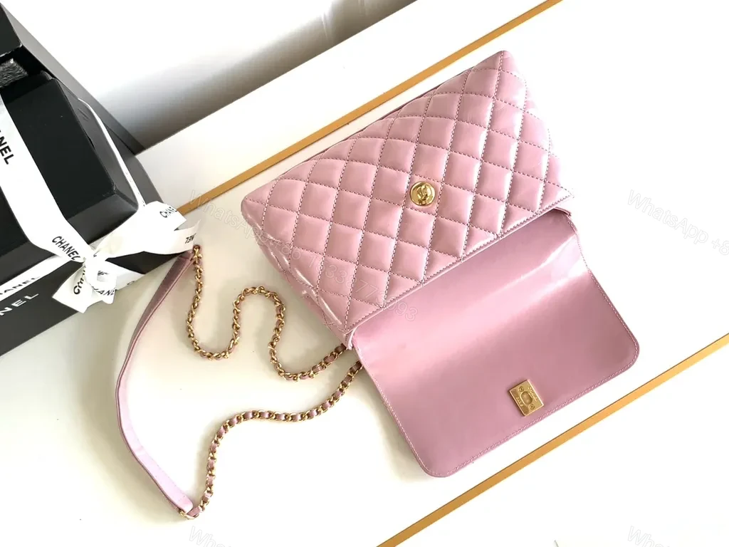 View 2 of Soft-Gloss Quilted Pink Handbag with Gold Chain Top Handle