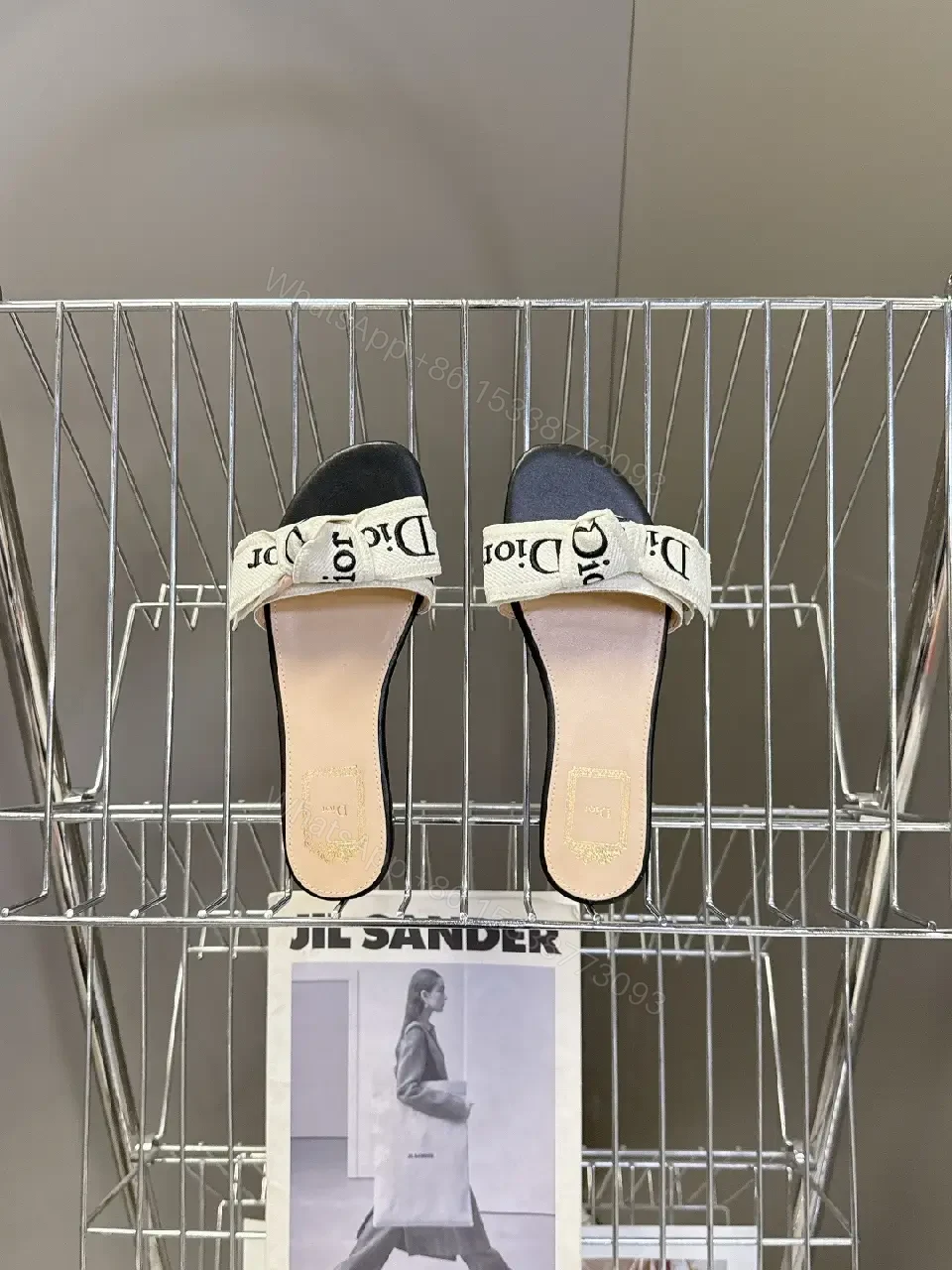 View 6 of White Fabric Slide Dior Logo Sandals