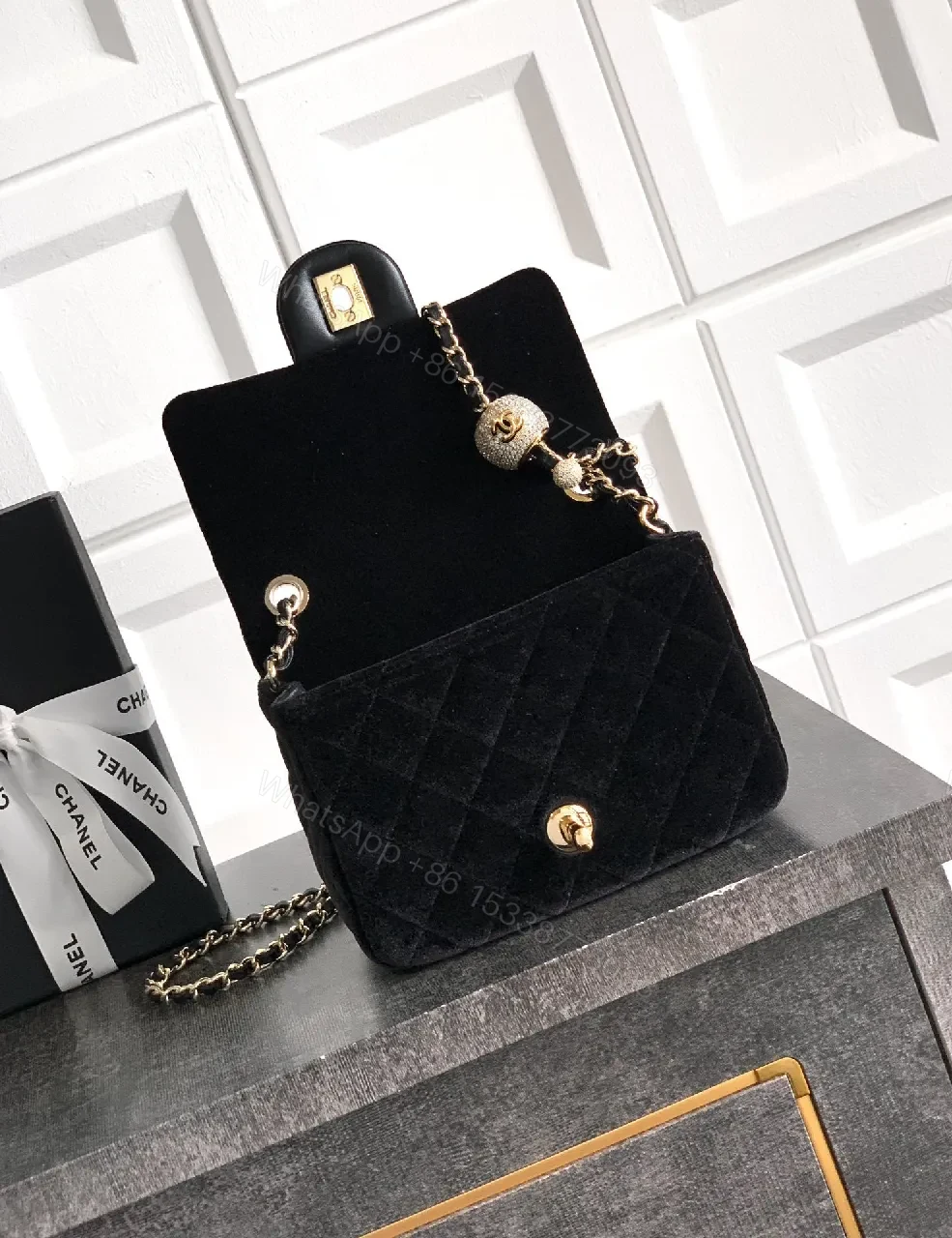 View 2 of Velvet Quilted Crossbody Bag with Gold Chain