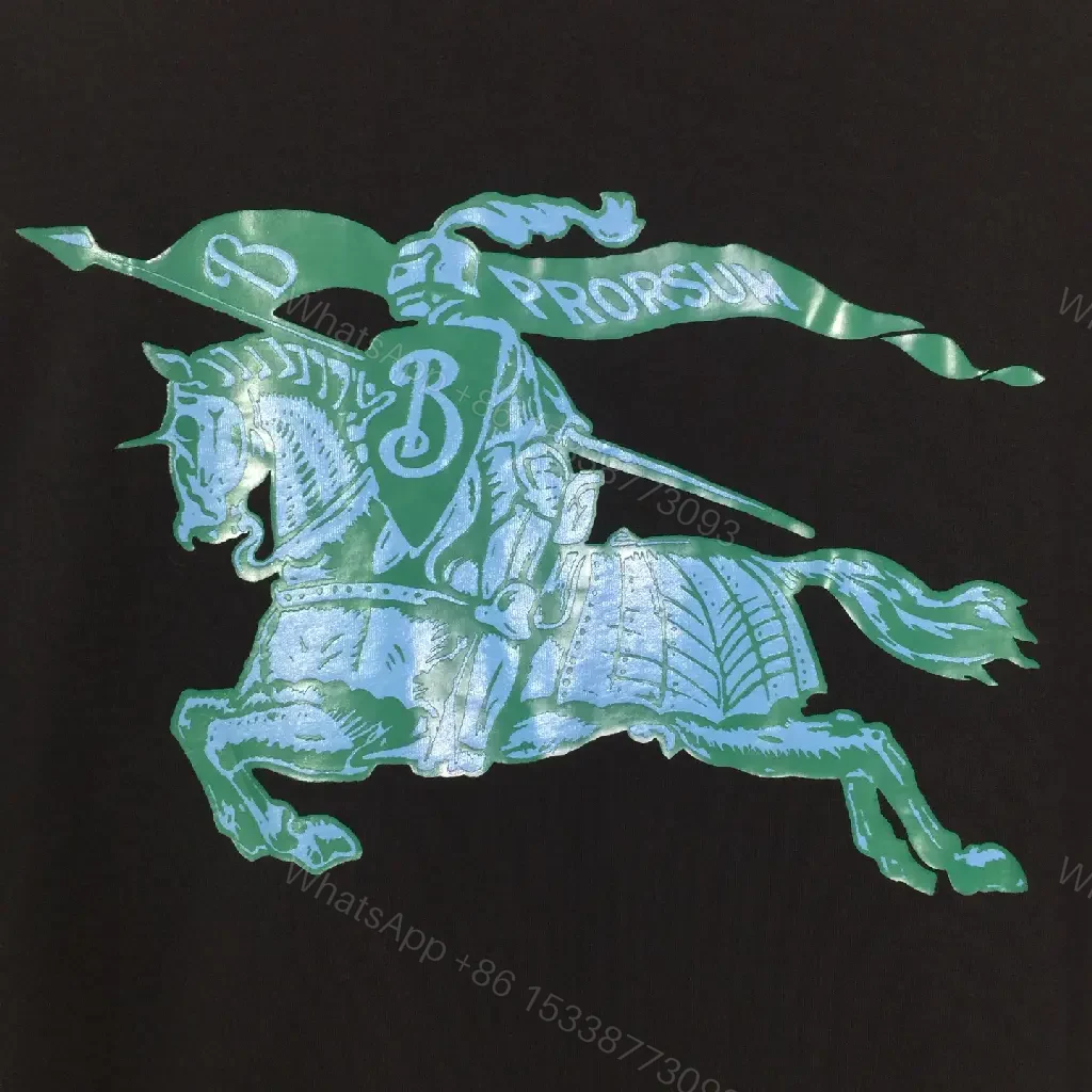 View 6 of Black Cotton T-shirt Regular Fit Turquoise Burberry Chest Text T-shirt