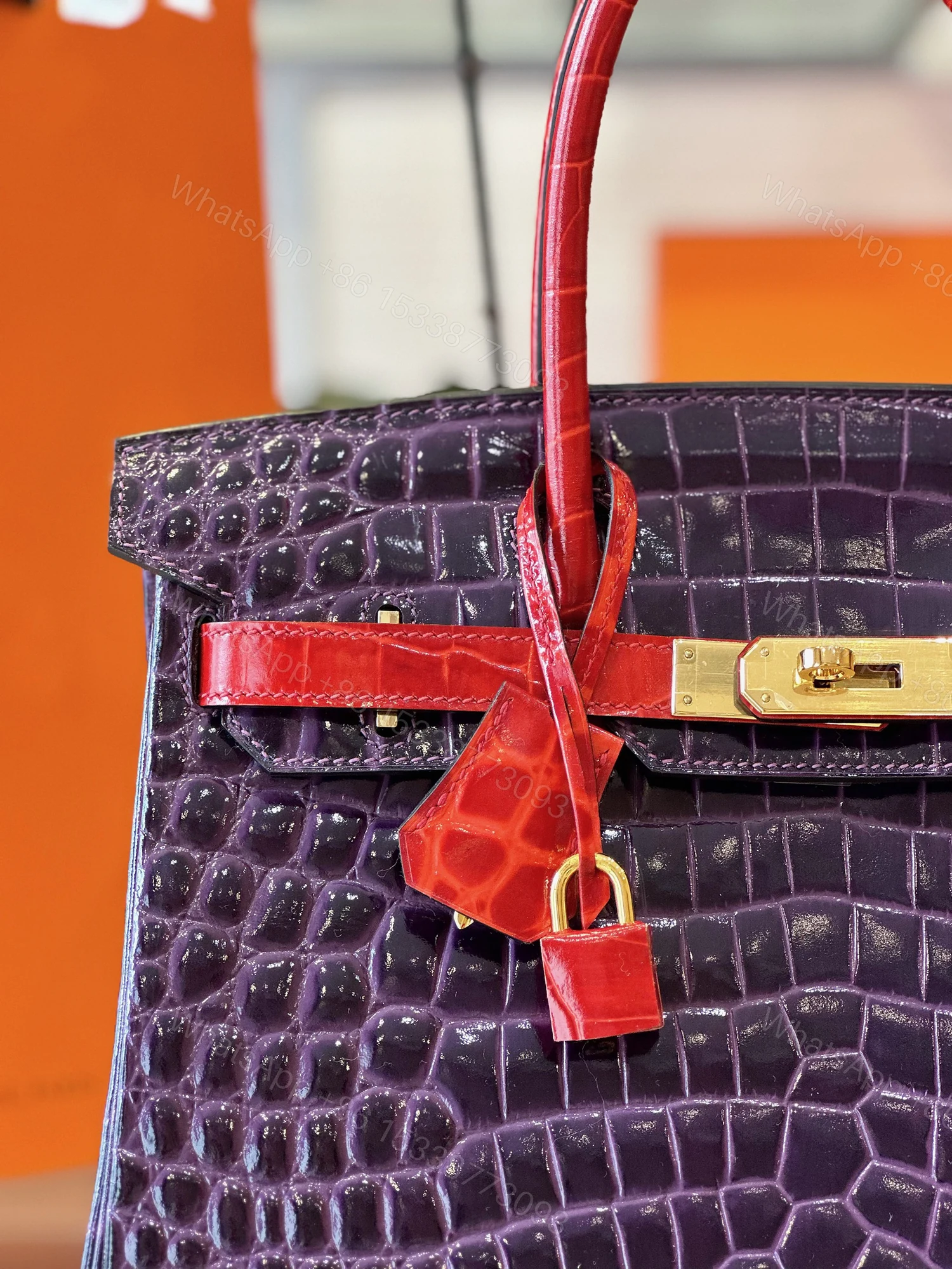 View 3 of Hermes Birkin 30 Purple/Red Genuine Crocodile Leather Gold Hardware
